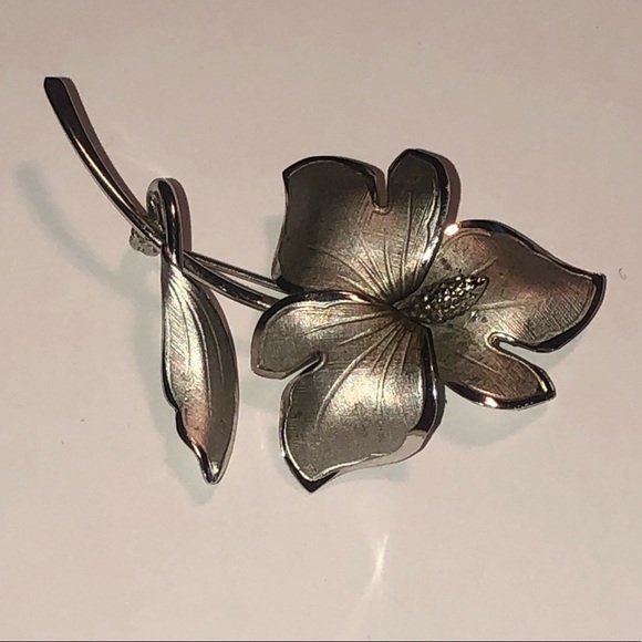 VTG 50s ECCO Rhodium Plated Sterling Silver Orchid Flower Brooch 2.2” - Picture 2 of 4
